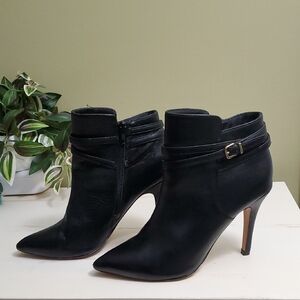 Saks Fifth Avenue Black | Black Leather Heeled Booties with Ankle Straps Sz 7